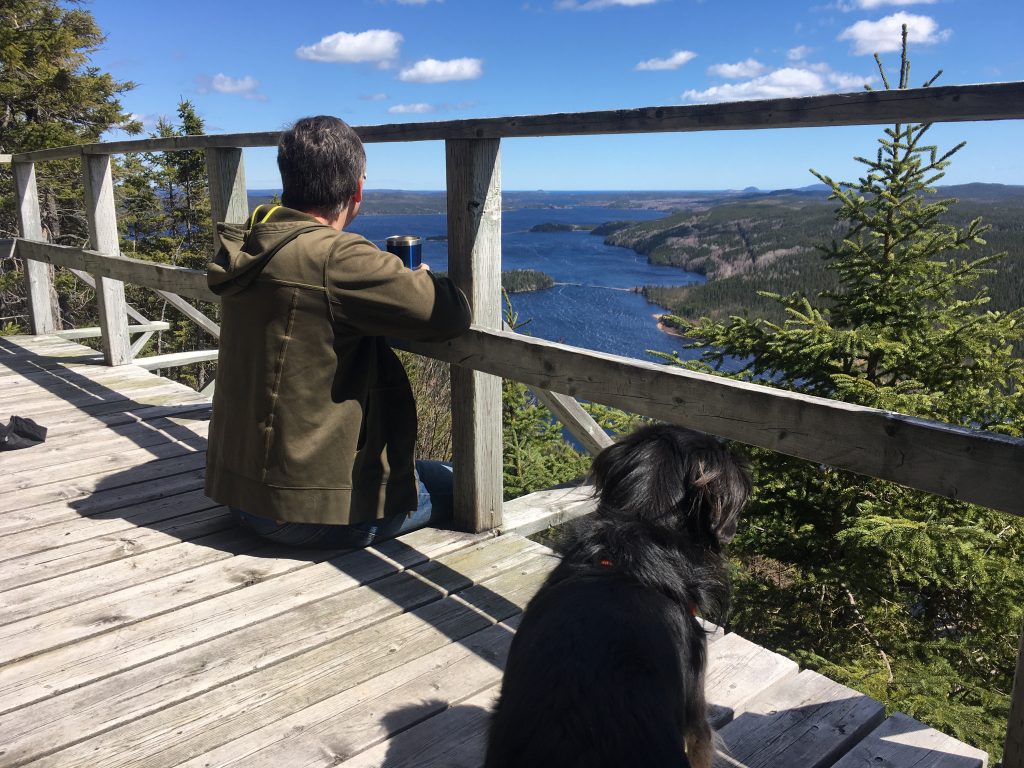 Dave and Riley on a wooden platform overlooking Malady Head